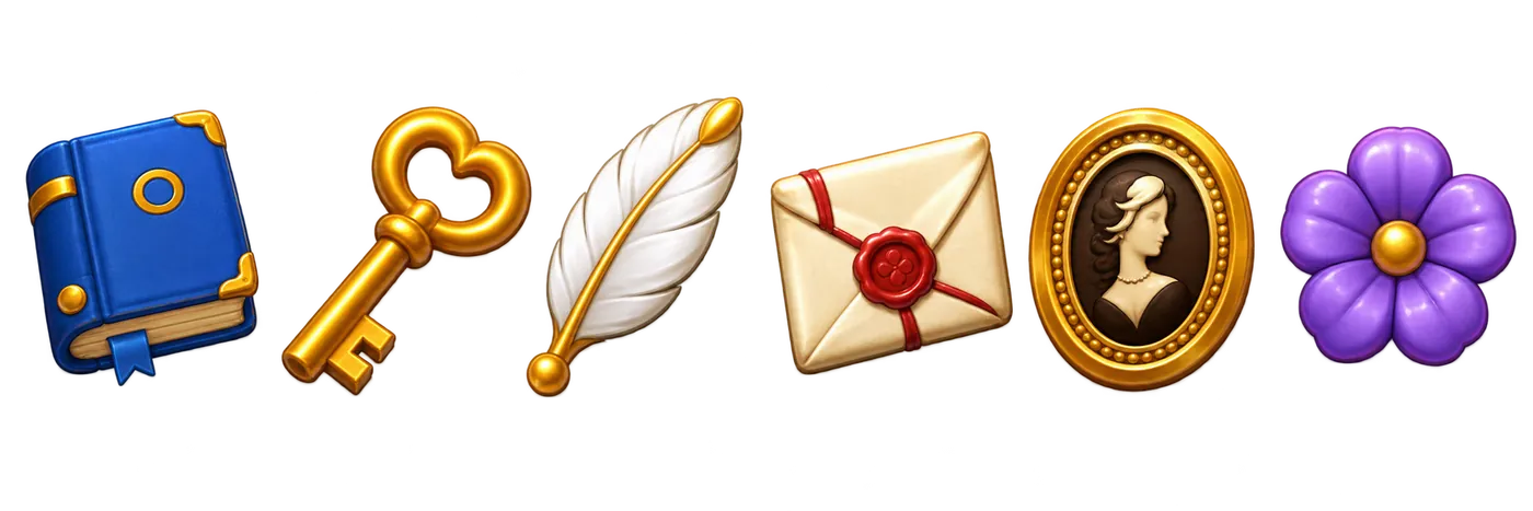 Objets à collecter : carnet, clé, plume, lettre scellée, camée et fleur.