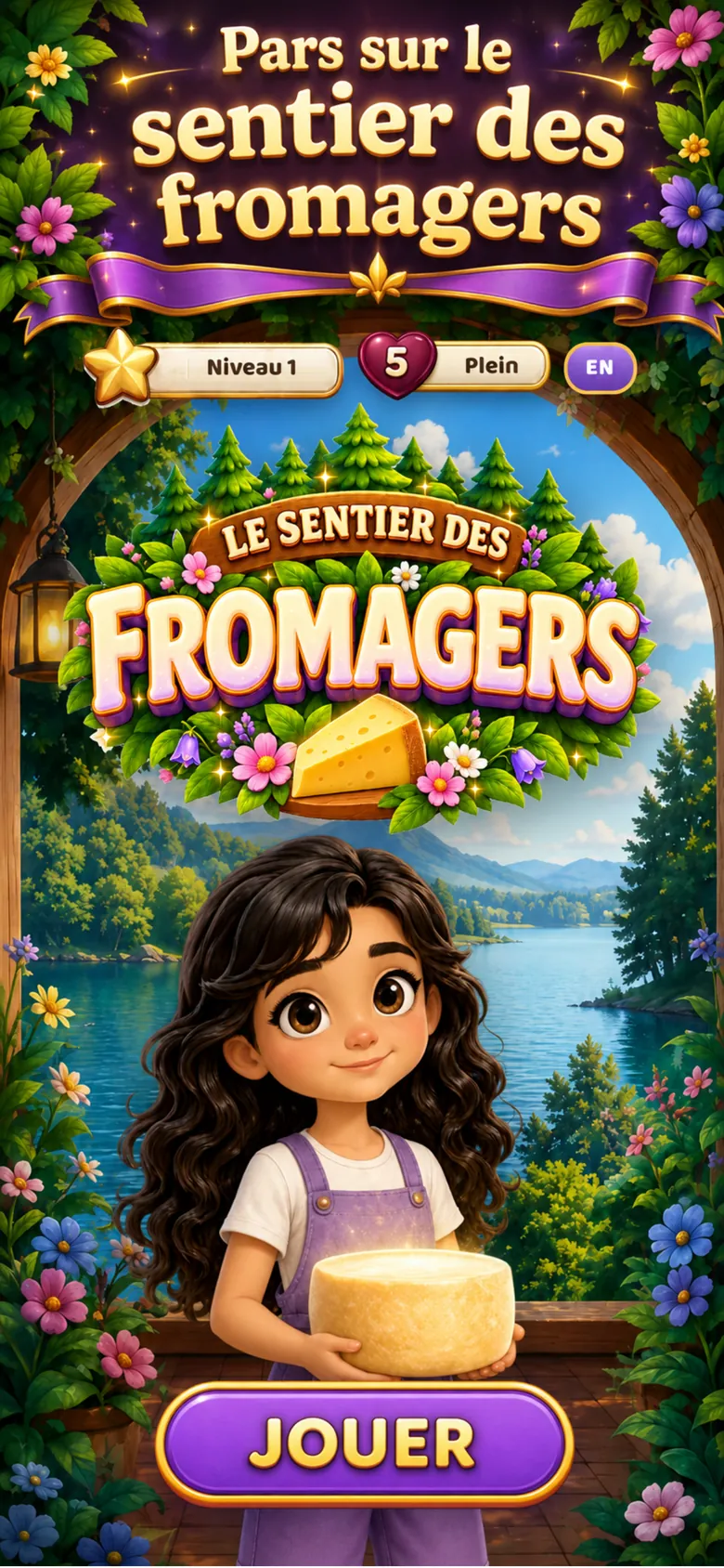 Écran d'accueil du Sentier des Fromagers : Lola tient une meule de comté devant un lac du Jura.