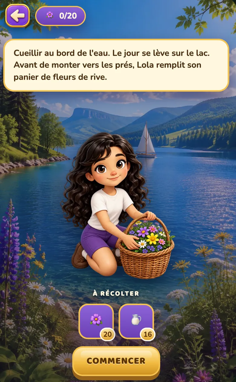 Lola cueille des fleurs au bord du lac avant de monter vers les prés.