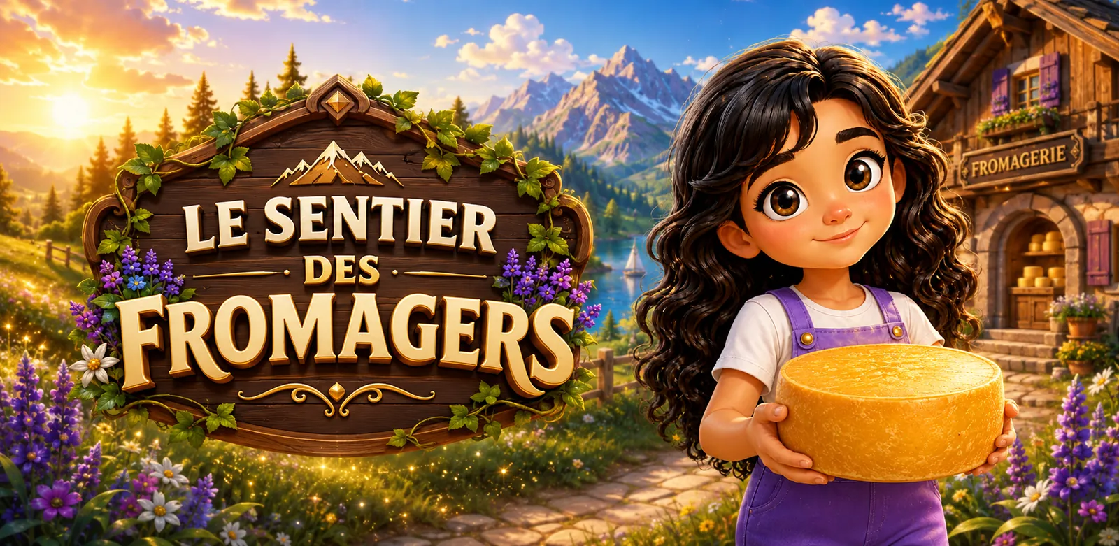 Lola tient une meule de comté devant une fromagerie de montagne, sur le panneau du Sentier des Fromagers.