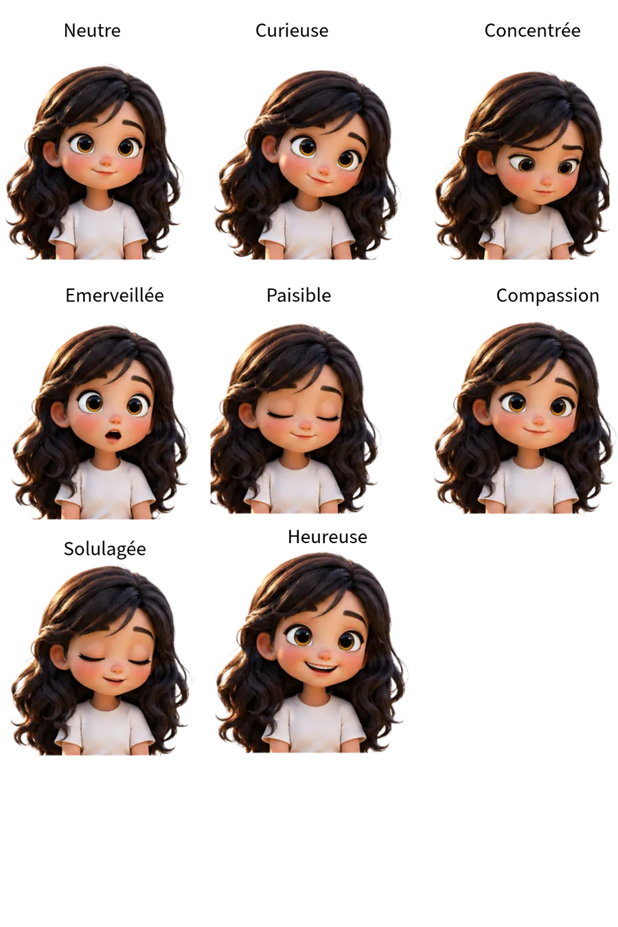 Planche des expressions de Lola : neutre, curieuse, concentrée, émerveillée, paisible, compassion, soulagée, heureuse.