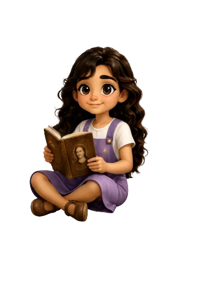 Lola assise, lisant un livre ancien orné d'un portrait.