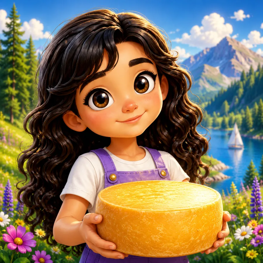 Portrait de Lola tenant une meule de comté dans un pré fleuri.