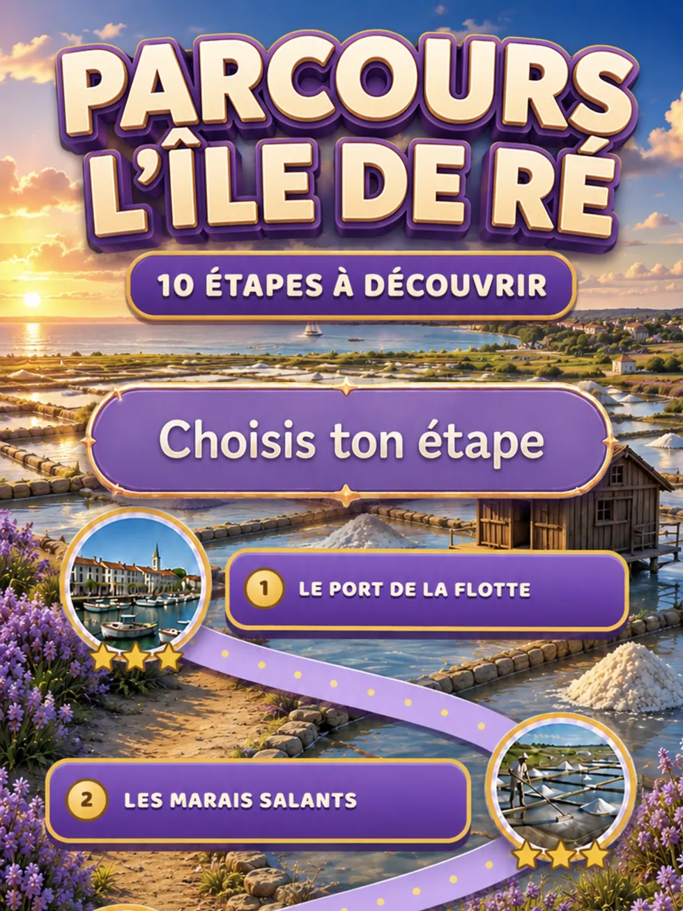 Écran de parcours de La Route du Sel : dix étapes sur l'île de Ré, du port de La Flotte aux marais salants.
